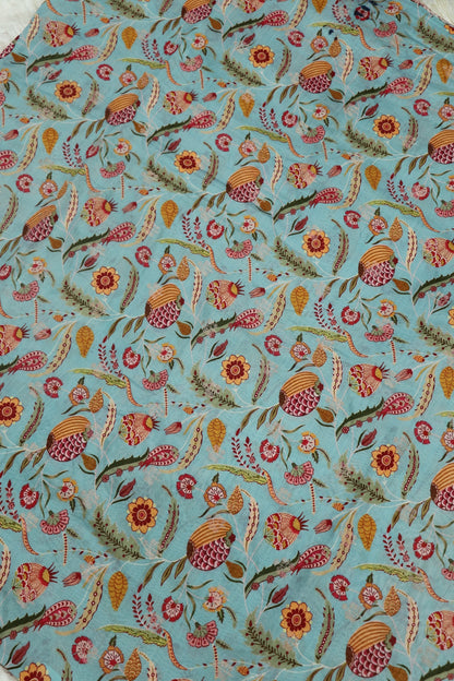 Celeste Blue Multi Floral & Pomagranate Printed Chanderi Woven Fabric