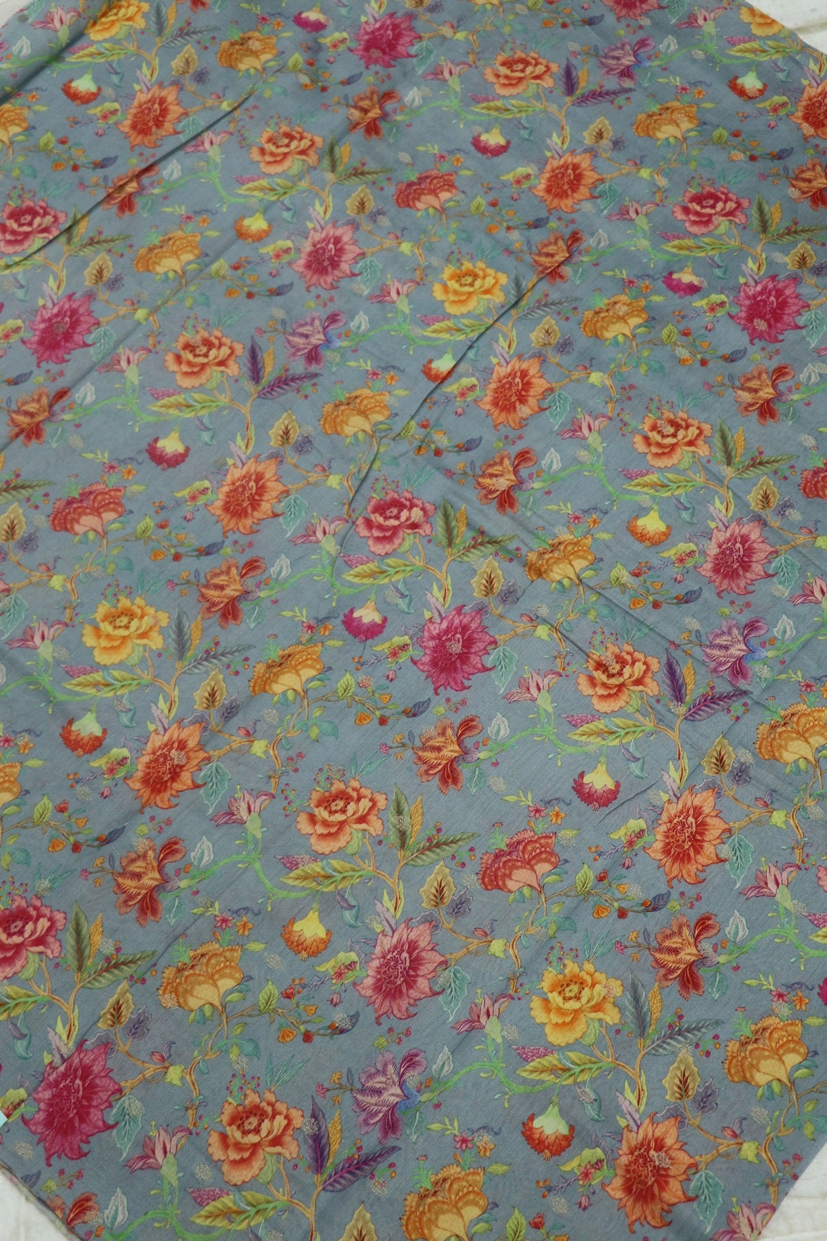 Steel Grey Roses Floral Printed Chanderi Woven Fabric