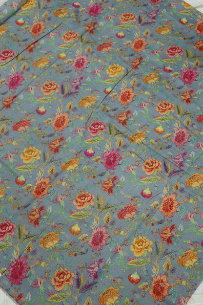 Steel Grey Roses Floral Printed Chanderi Woven Fabric
