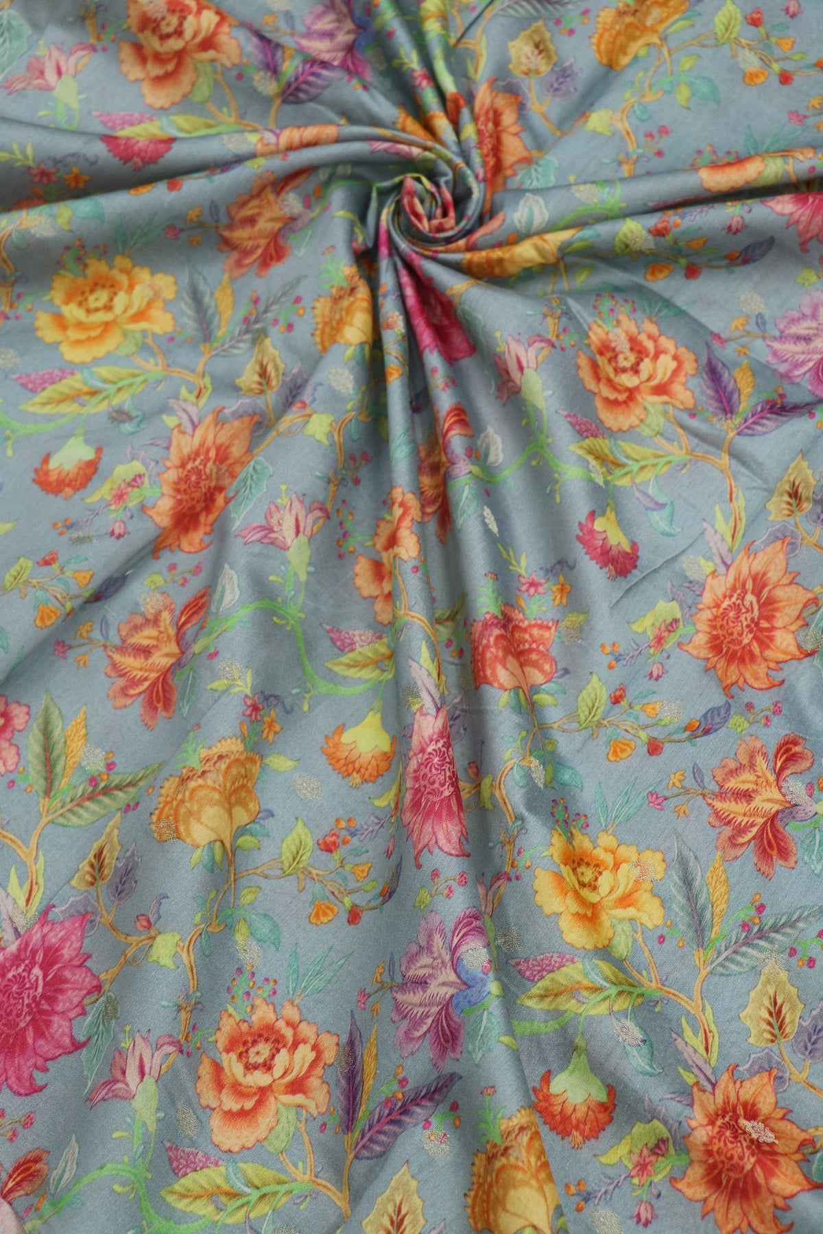 Steel Grey Roses Floral Printed Chanderi Woven Fabric