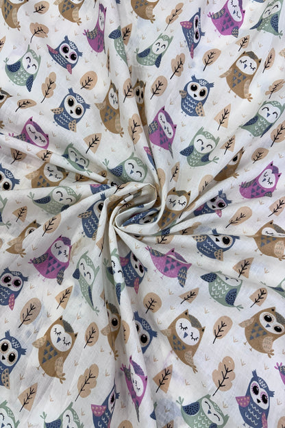 Baby Owls Of Guardian Cartoon Printed Pure Cotton Fabric