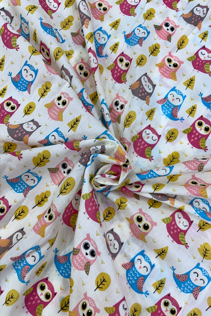 Baby Owls Of Guardian Cartoon Printed Pure Cotton Fabric