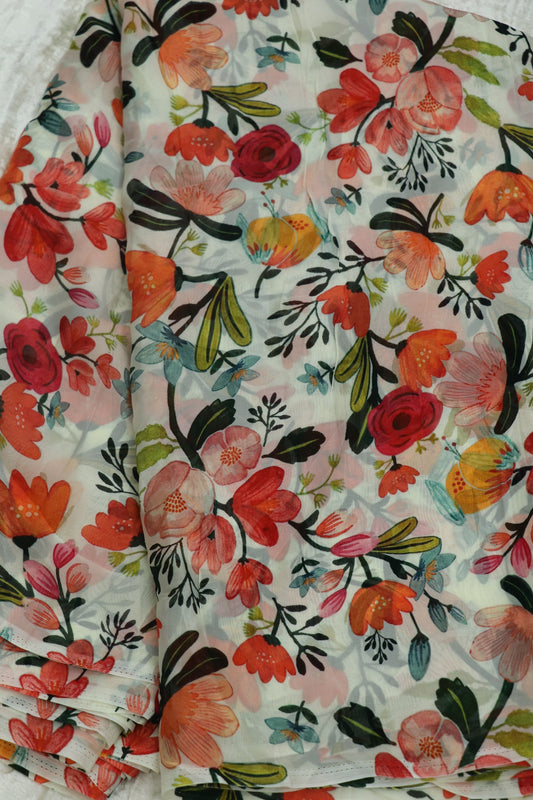 Pearl White Tulips Floral Printed Silky Organza Fabric