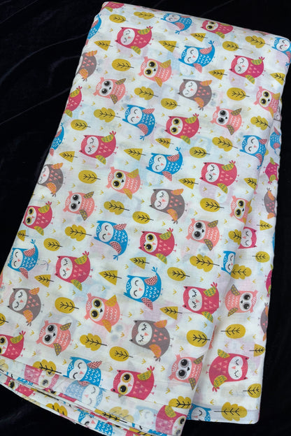 Baby Owls Of Guardian Cartoon Printed Pure Cotton Fabric
