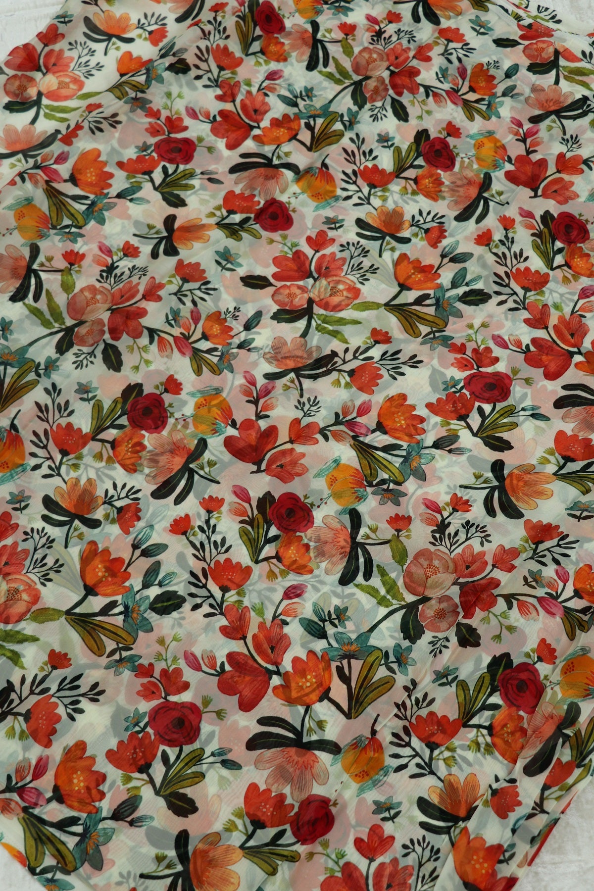 Pearl White Tulips Floral Printed Silky Organza Fabric