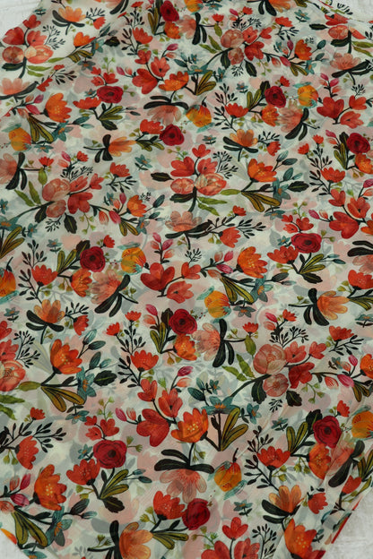Pearl White Tulips Floral Printed Silky Organza Fabric