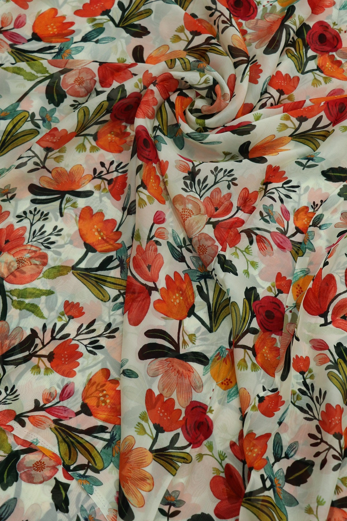 Pearl White Tulips Floral Printed Silky Organza Fabric