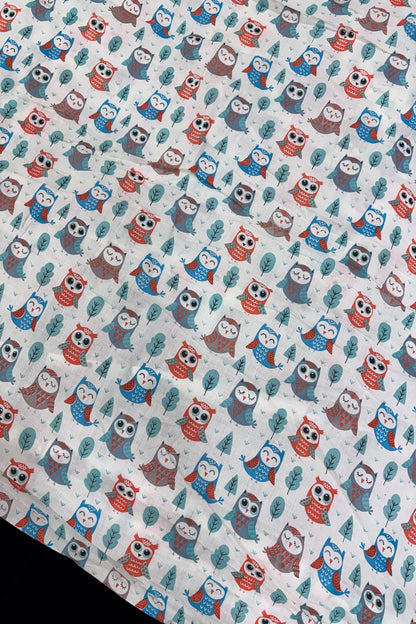 Baby Owls Of Guardian Cartoon Printed Pure Cotton Fabric