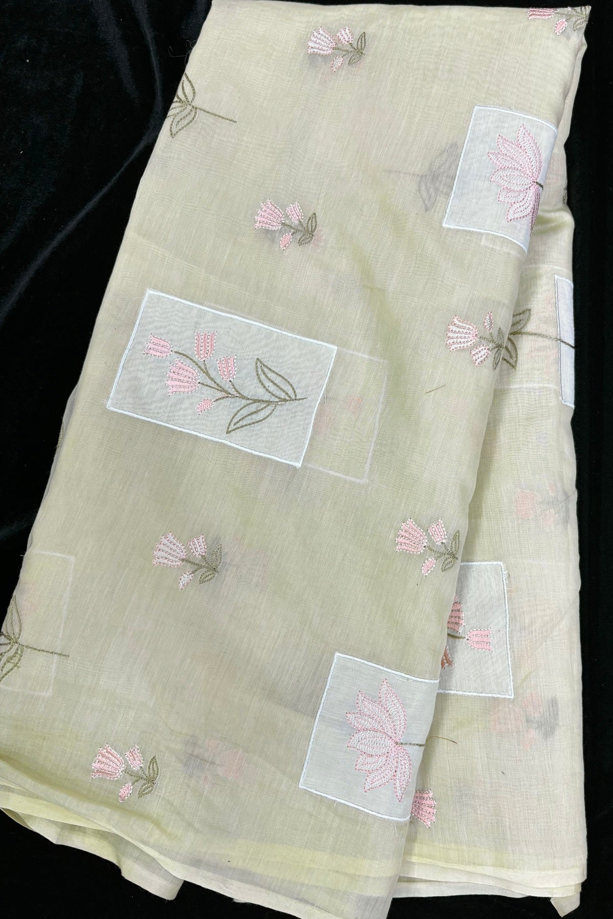 Tulips & Lotus Floral Applique Embroidered Pure Mul Chanderi Fabric
