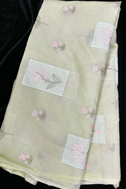Tulips & Lotus Floral Applique Embroidered Pure Mul Chanderi Fabric