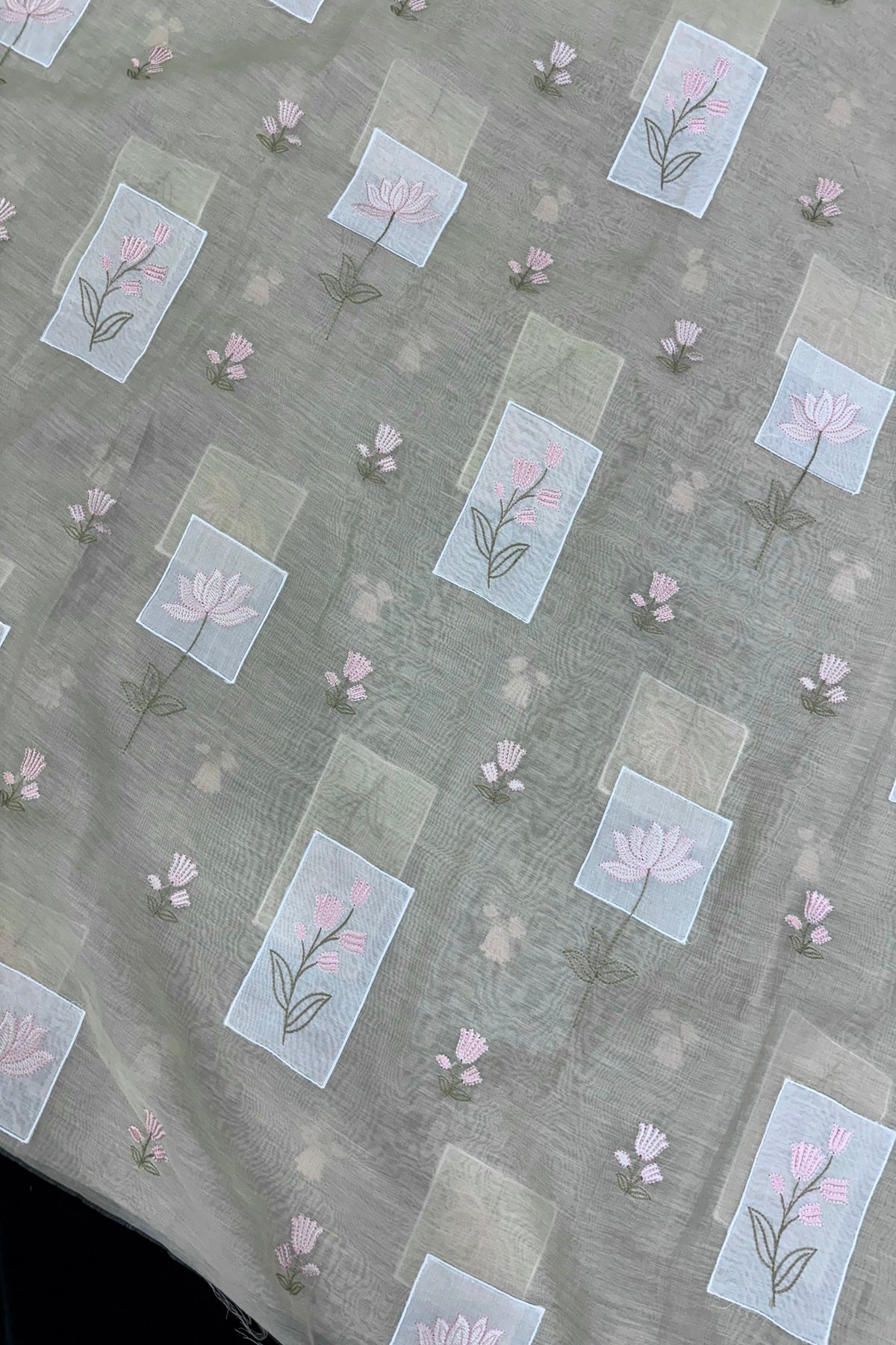 Tulips & Lotus Floral Applique Embroidered Pure Mul Chanderi Fabric