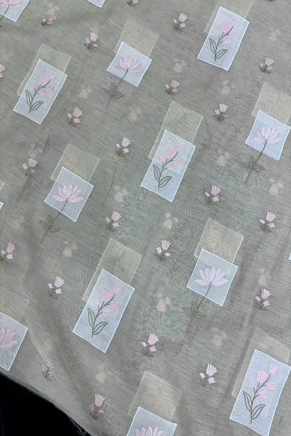 Tulips & Lotus Floral Applique Embroidered Pure Mul Chanderi Fabric