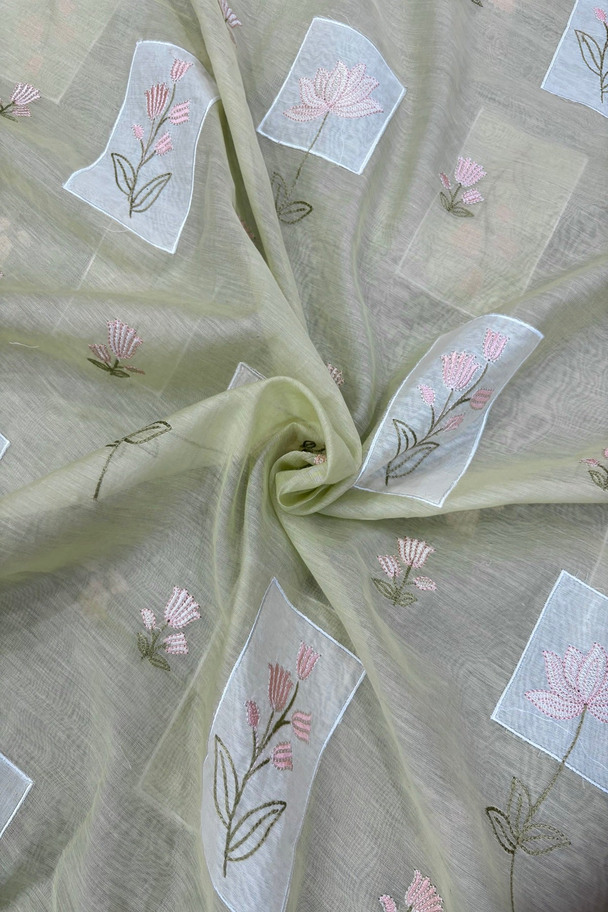 Tulips & Lotus Floral Applique Embroidered Pure Mul Chanderi Fabric