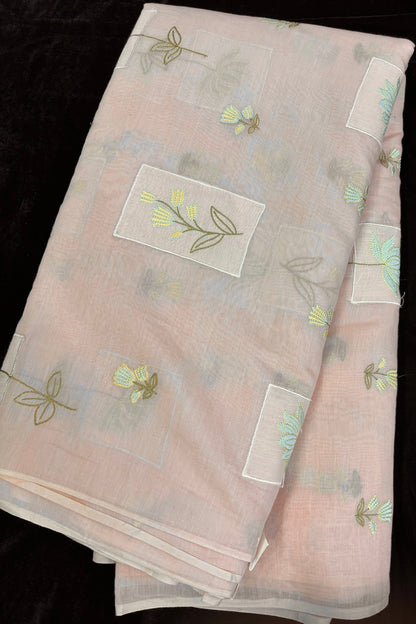 Tulips & Lotus Floral Applique Embroidered Pure Mul Chanderi Fabric