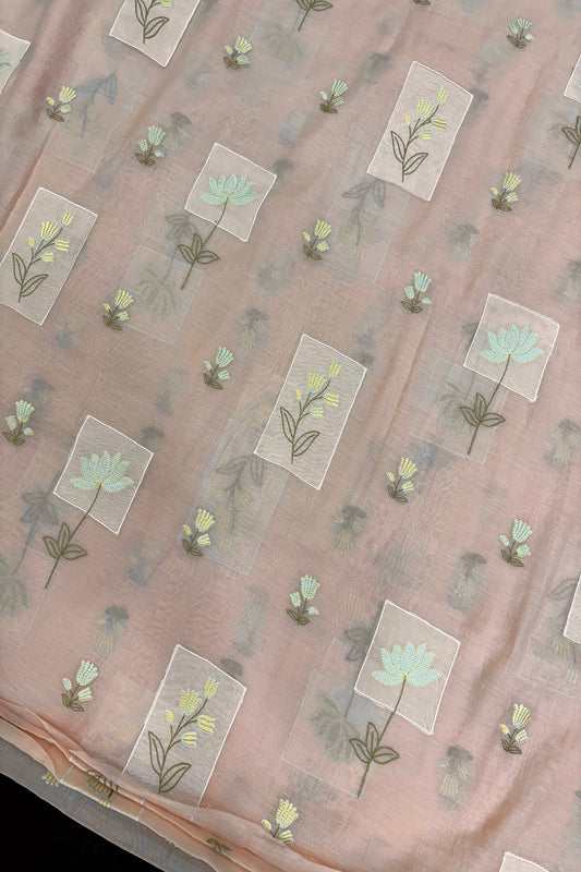 Tulips & Lotus Floral Applique Embroidered Pure Mul Chanderi Fabric