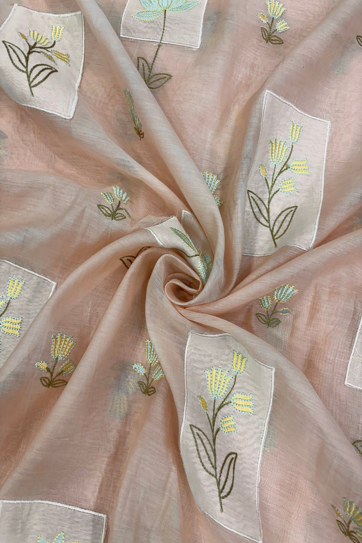 Tulips & Lotus Floral Applique Embroidered Pure Mul Chanderi Fabric