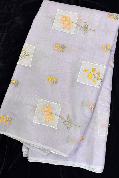 Tulips & Lotus Floral Applique Embroidered Pure Mul Chanderi Fabric