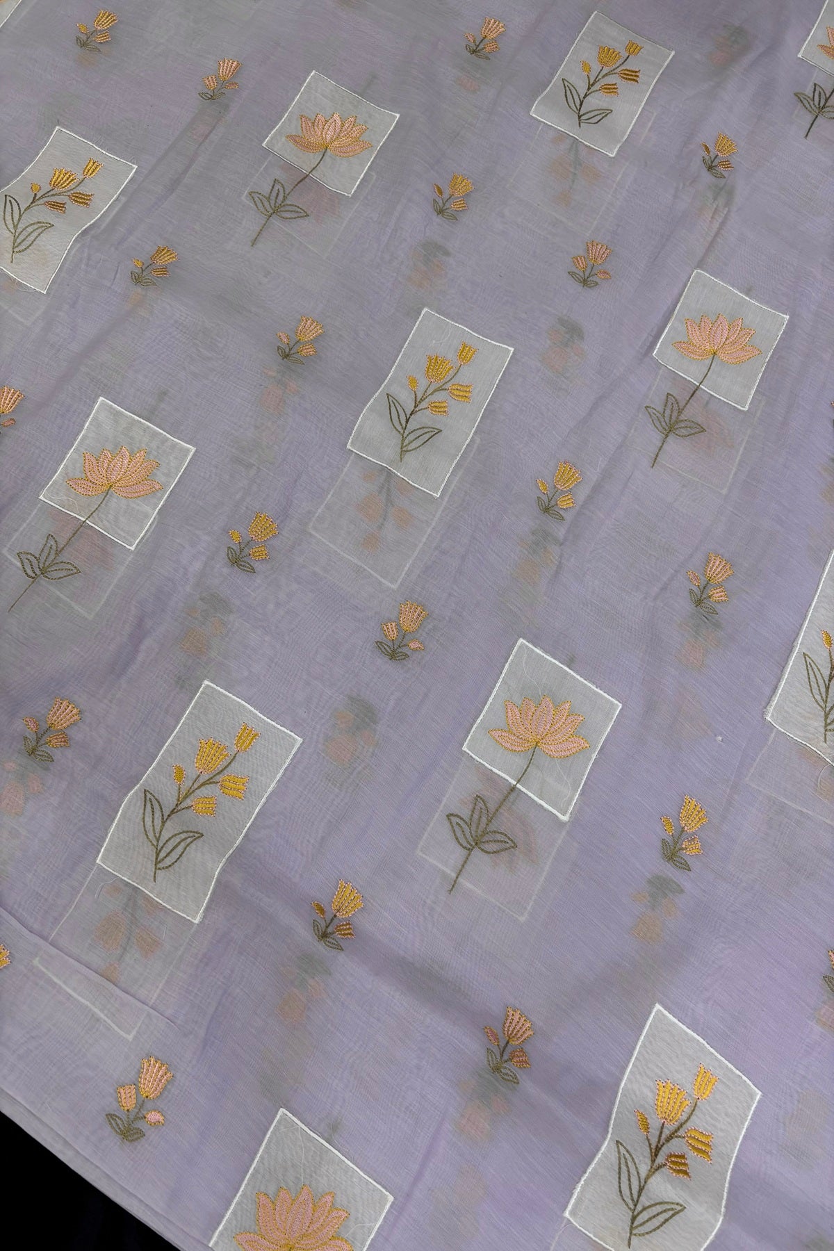 Tulips & Lotus Floral Applique Embroidered Pure Mul Chanderi Fabric