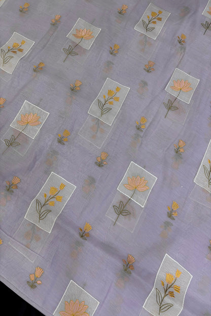 Tulips & Lotus Floral Applique Embroidered Pure Mul Chanderi Fabric