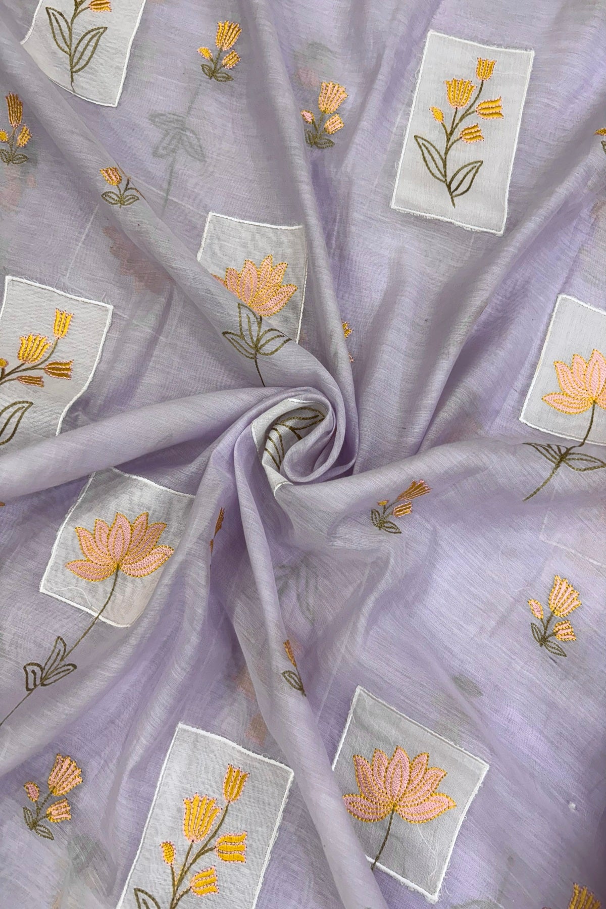 Tulips & Lotus Floral Applique Embroidered Pure Mul Chanderi Fabric