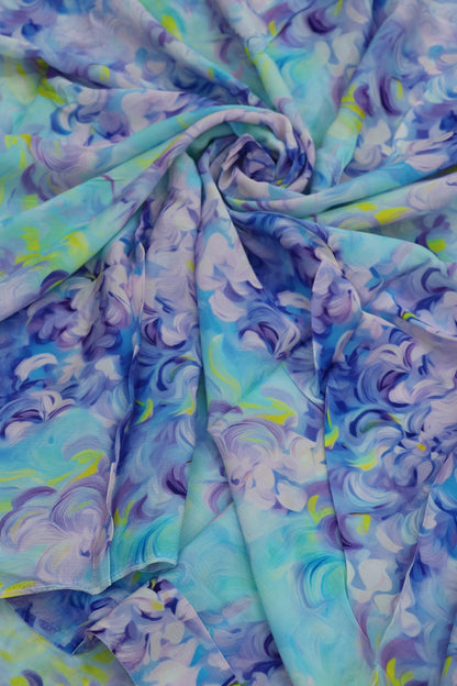 Swirling Patterns of Purples, Blues & Hints of Yellow Floral Printed Crepe Fabric