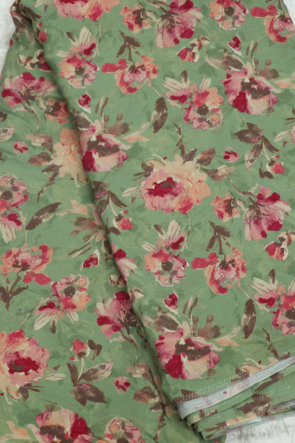 Light Sage Green With Pink & Purple Floral Printed crepe Fabric