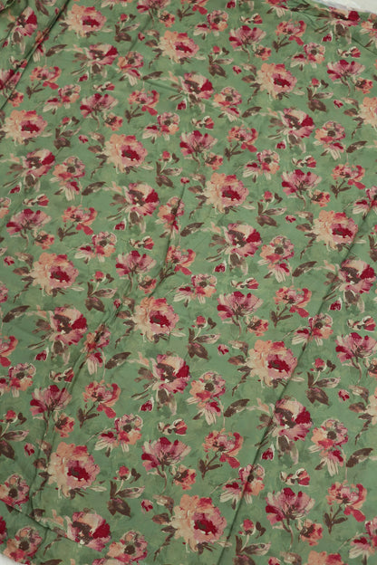 Light Sage Green With Pink & Purple Floral Printed crepe Fabric