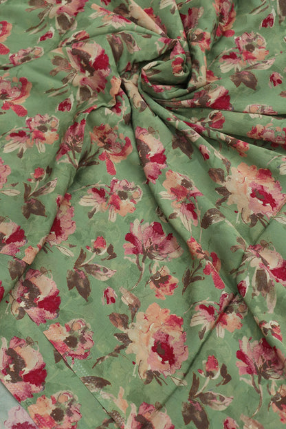 Light Sage Green With Pink & Purple Floral Printed crepe Fabric