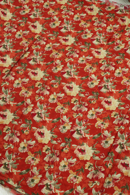 Red Printed Crepe With Pink, Peach & Cream Floral Fabric