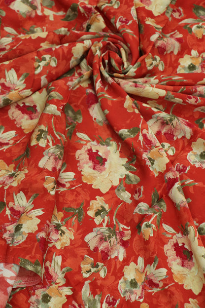 Red Printed Crepe With Pink, Peach & Cream Floral Fabric