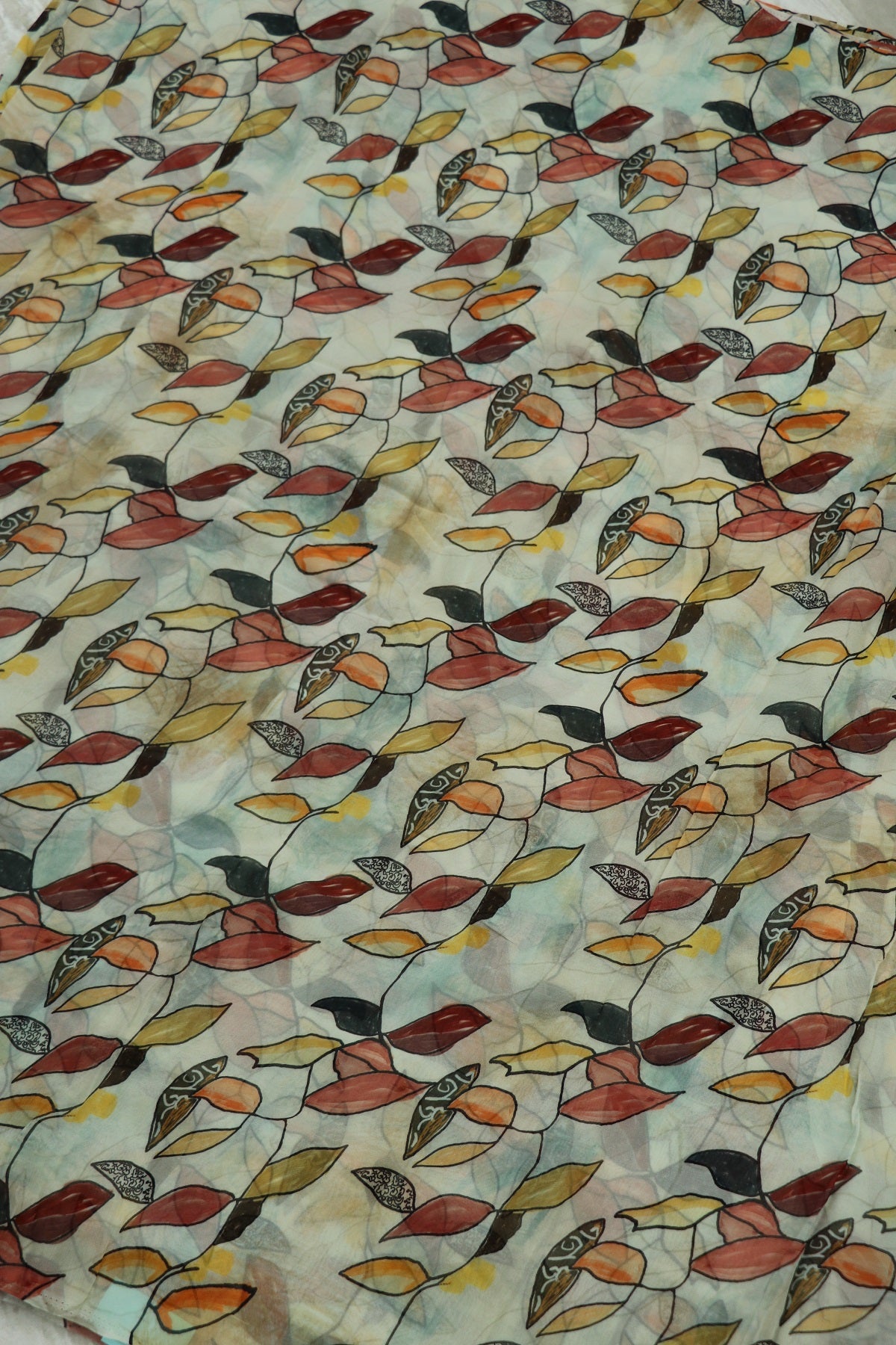 Daisy White With Hues Of Brown & Peach Leafs  Printed Georgette Fabric