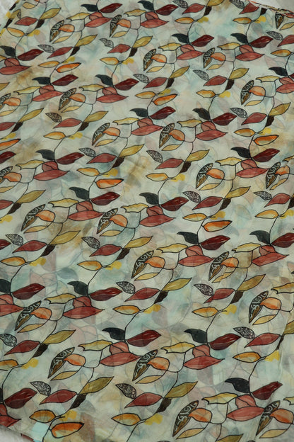 Daisy White With Hues Of Brown & Peach Leafs  Printed Georgette Fabric