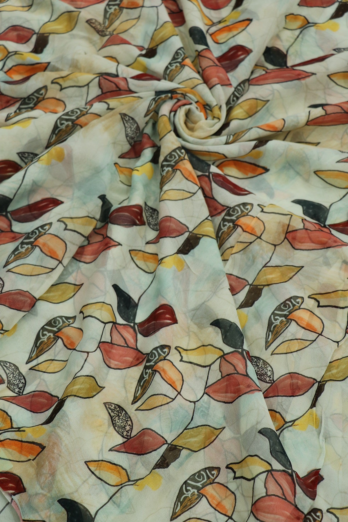 Daisy White With Hues Of Brown & Peach Leafs  Printed Georgette Fabric