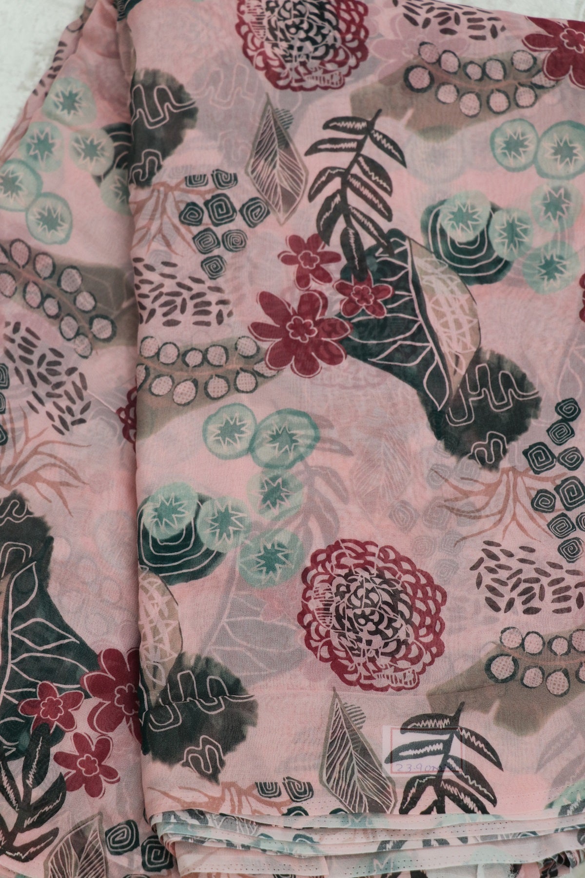Old Rose Pink With Hues Of Dark Green & Rum Red  Floral Printed Georgette Fabric