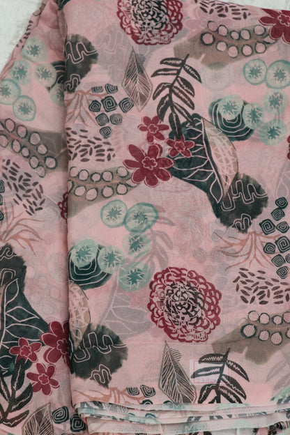 Old Rose Pink With Hues Of Dark Green & Rum Red  Floral Printed Georgette Fabric