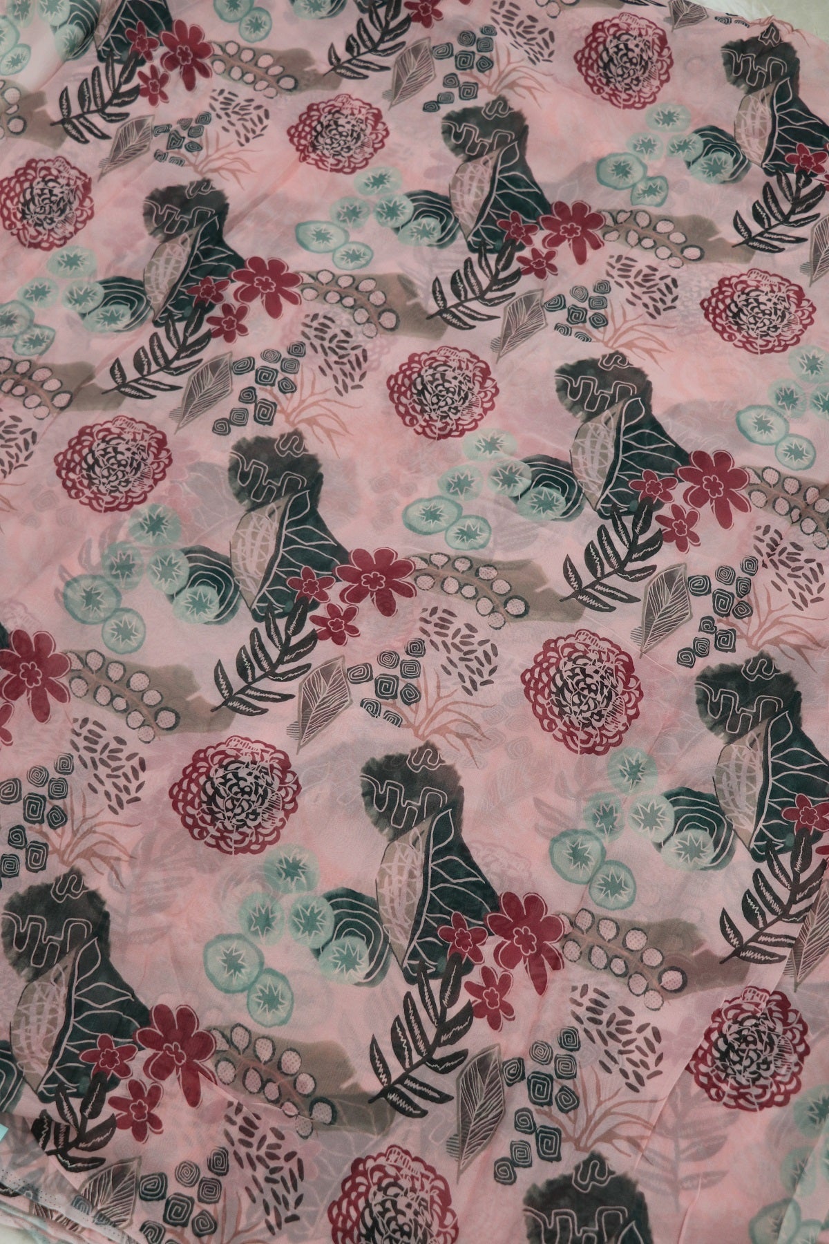 Old Rose Pink With Hues Of Dark Green & Rum Red  Floral Printed Georgette Fabric