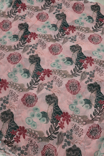 Old Rose Pink With Hues Of Dark Green & Rum Red  Floral Printed Georgette Fabric