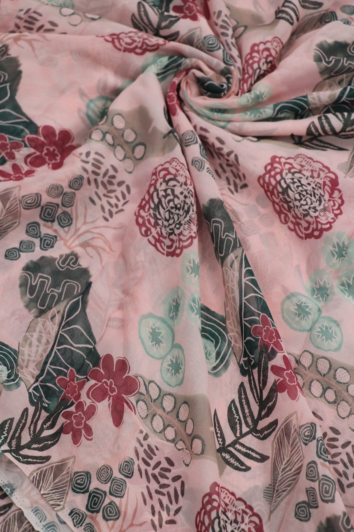 Old Rose Pink With Hues Of Dark Green & Rum Red  Floral Printed Georgette Fabric
