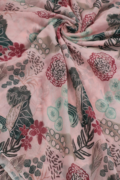 Old Rose Pink With Hues Of Dark Green & Rum Red  Floral Printed Georgette Fabric