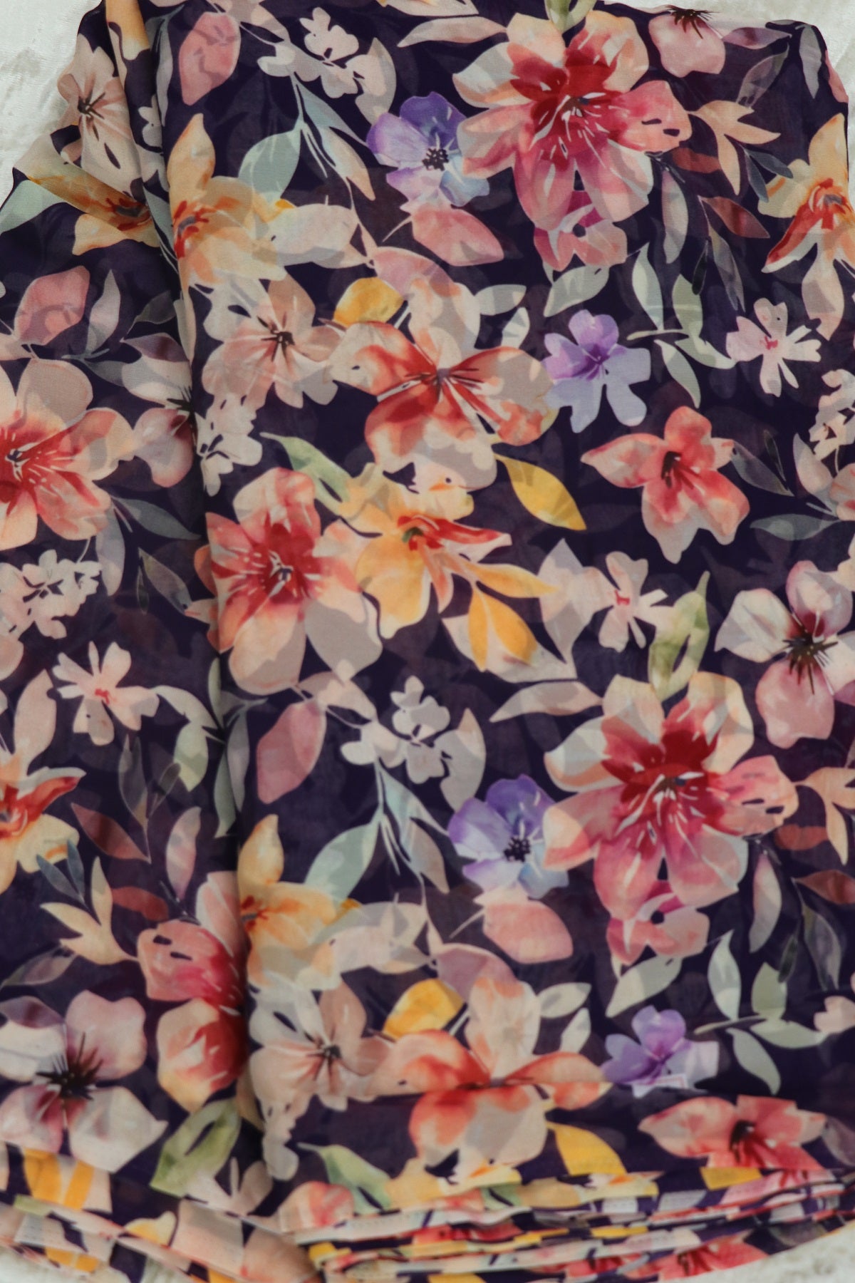 Plum Purple With Pinks & Violets Floral Printed Georgette Fabric