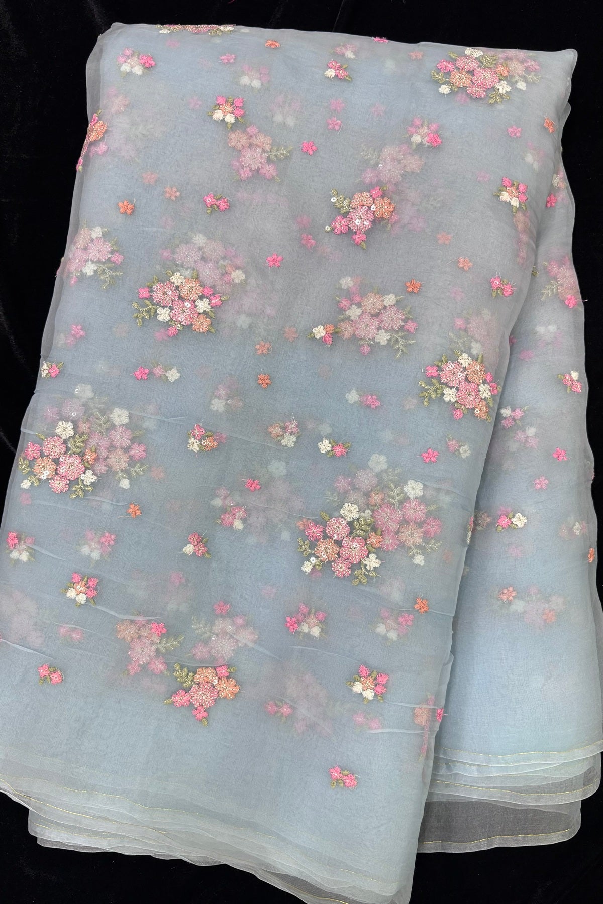 Posy Floral Embroidery With High Lighted  Sequins Pure Organza Fabric