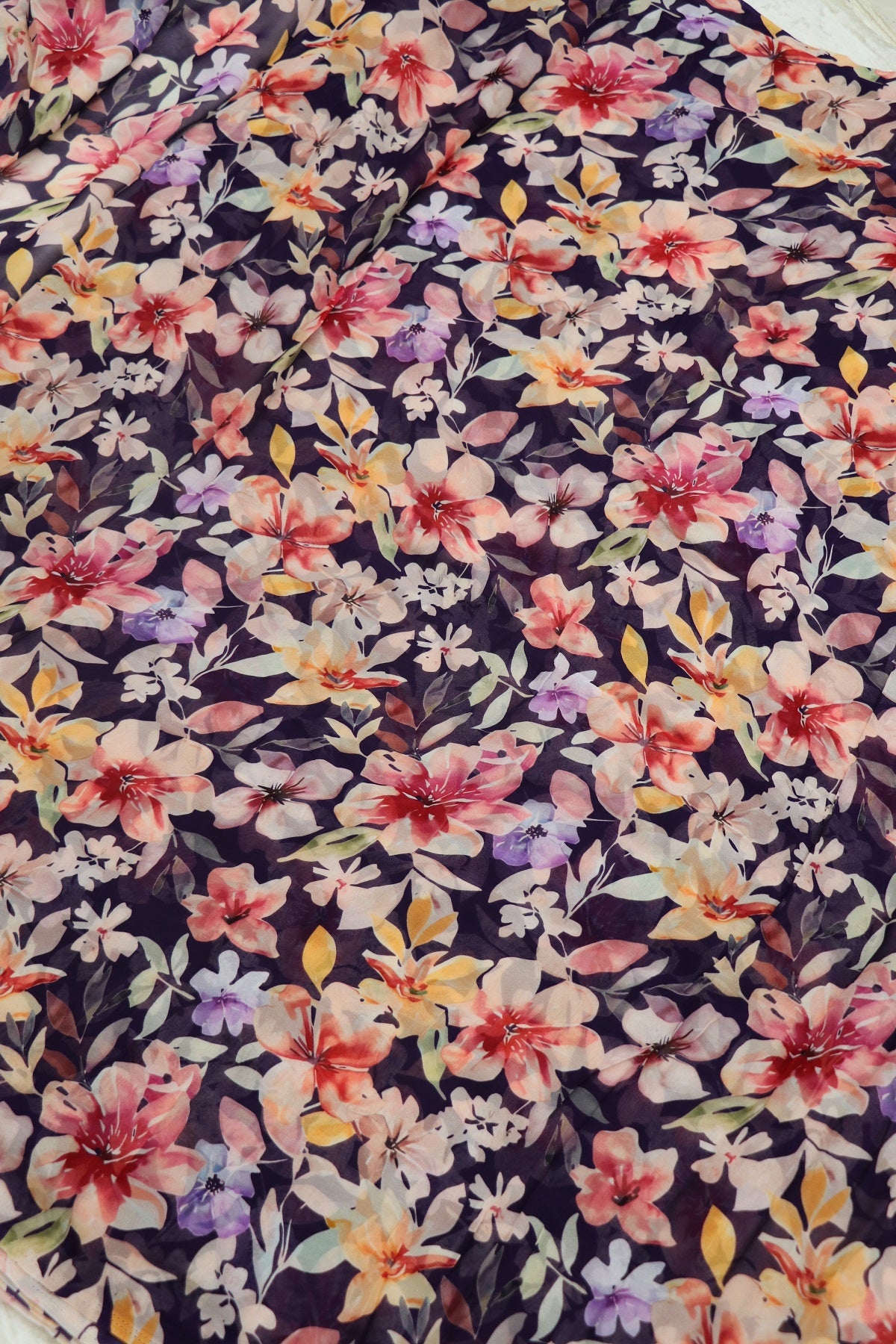 Plum Purple With Pinks & Violets Floral Printed Georgette Fabric