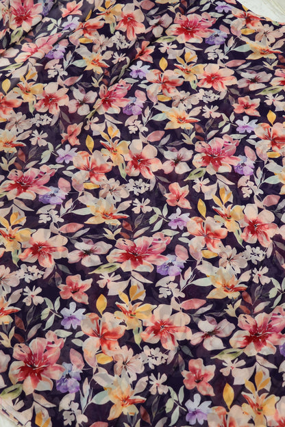 Plum Purple With Pinks & Violets Floral Printed Georgette Fabric