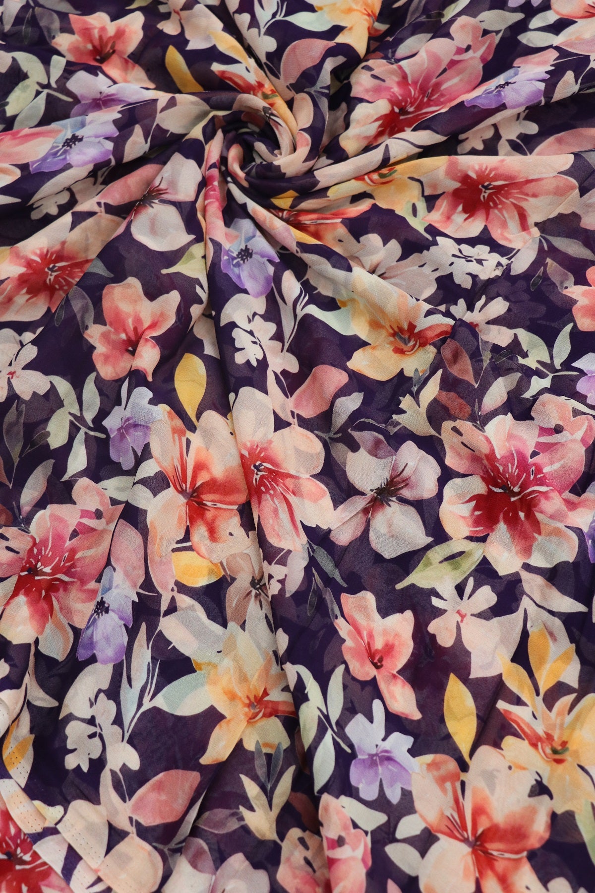 Plum Purple With Pinks & Violets Floral Printed Georgette Fabric