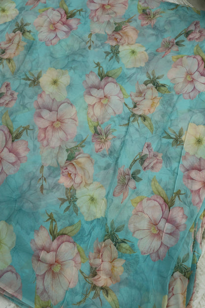 Ice Blue With Pink & Cream Floral Printed Georgette Fabric