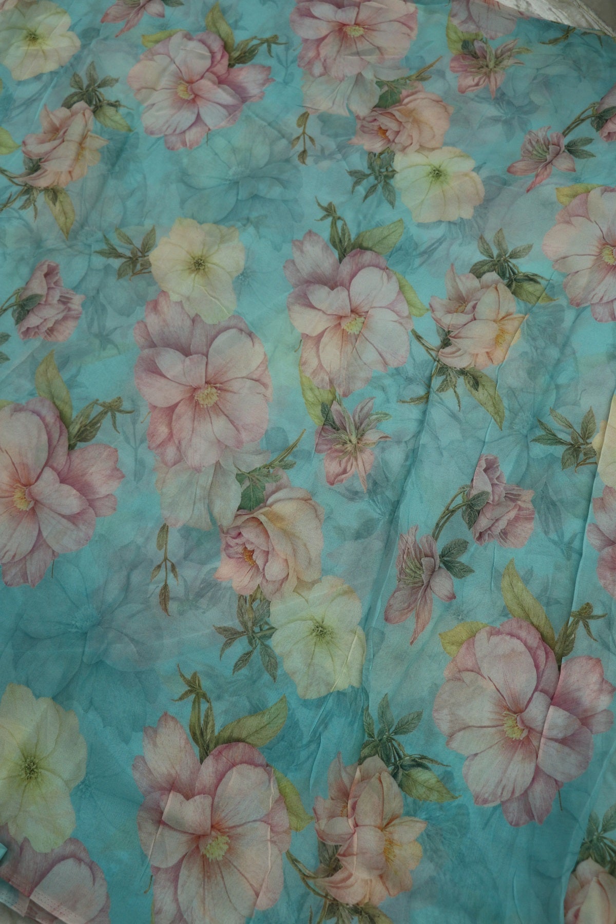 Ice Blue With Pink & Cream Floral Printed Georgette Fabric
