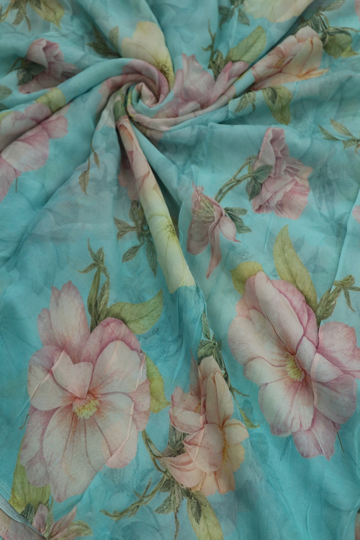 Ice Blue With Pink & Cream Floral Printed Georgette Fabric