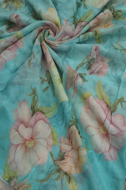 Ice Blue With Pink & Cream Floral Printed Georgette Fabric