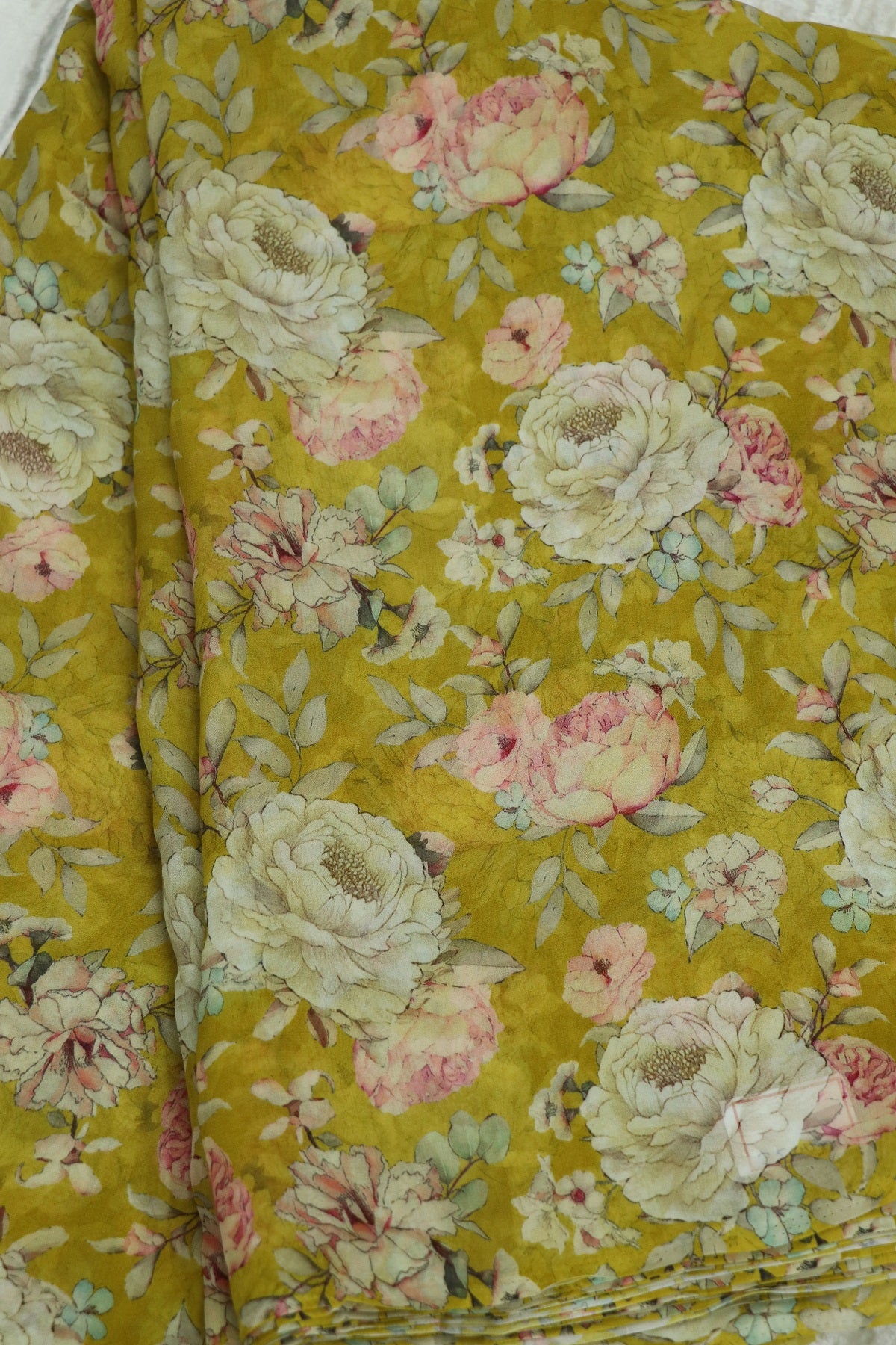 Lemonade Yellow With Pink & Cream Floral Printed Georgette Fabric