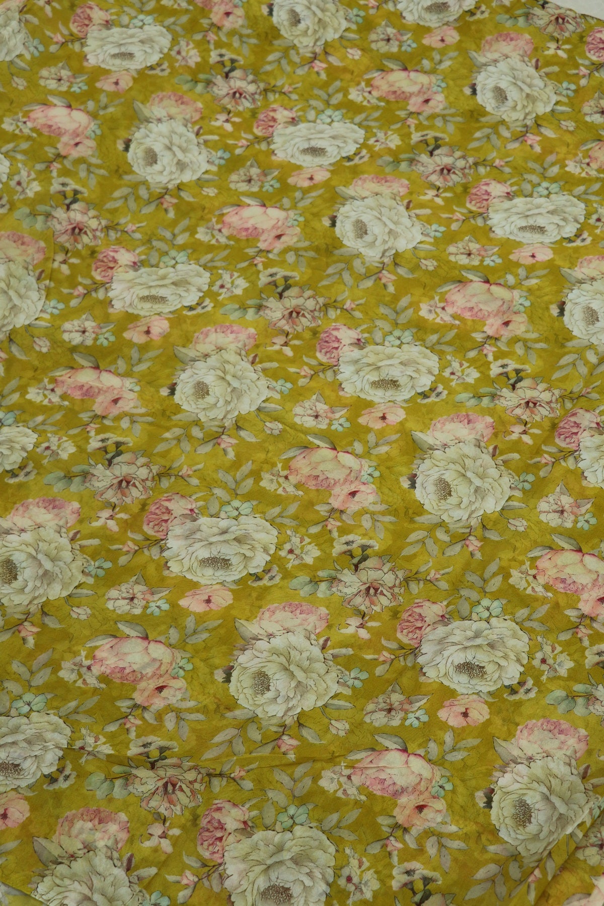 Lemonade Yellow With Pink & Cream Floral Printed Georgette Fabric
